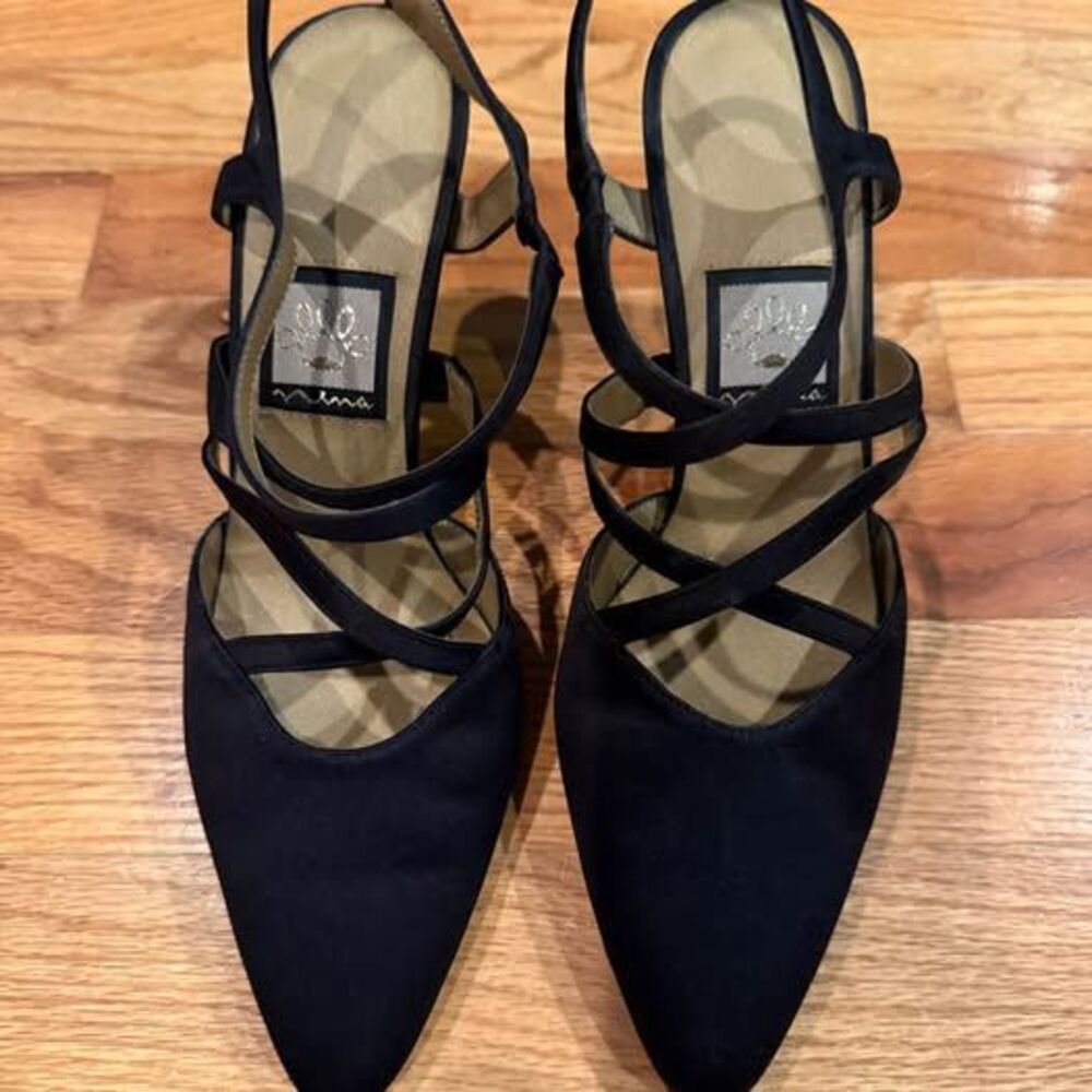 Nina Black Satin Strappy Slingback Heels Size 8.5M